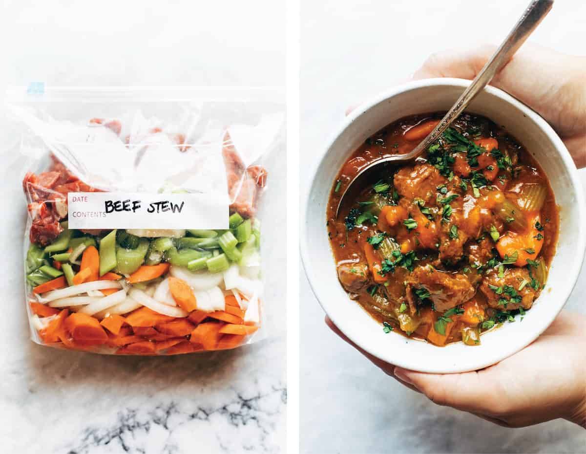 A plastic bag containing beef stew prep and a bowl of beef stew with a spoon in it.