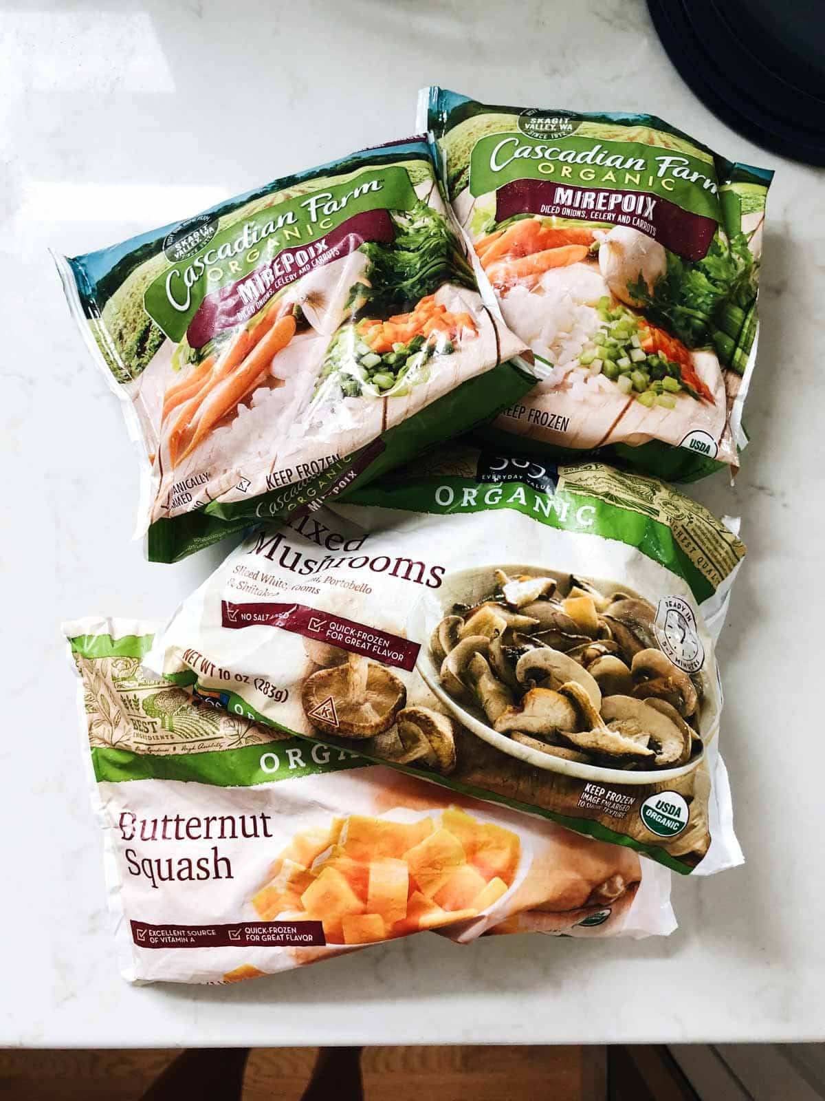 Bags of frozen veggies.